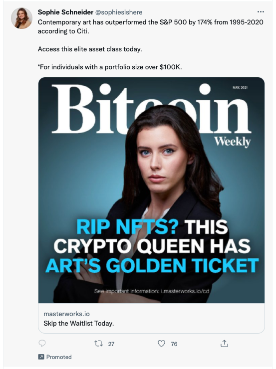 This masterworks ad has been circulating on Twitter, falsely claiming the company was featured on the front cover of a bitcoin magazine.
