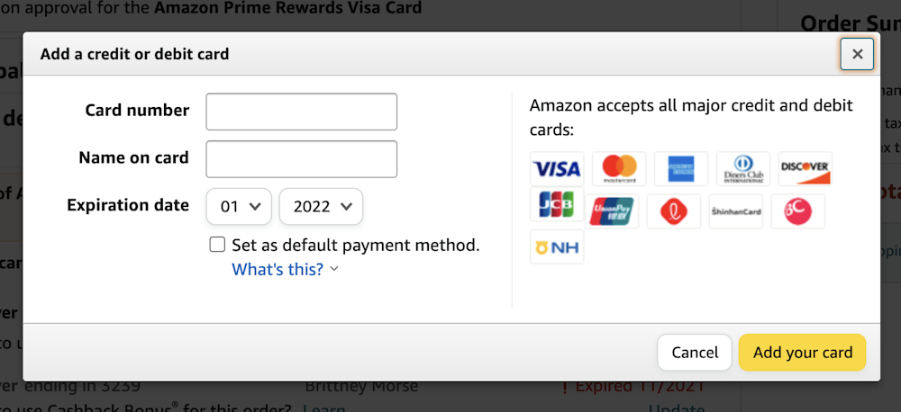 adding payment method on Amazon