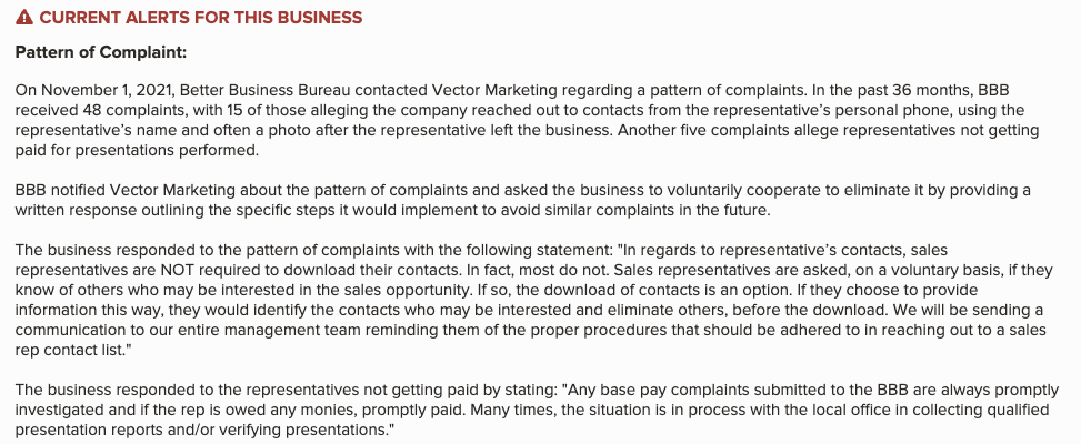 Vector Marketing notice on BBB