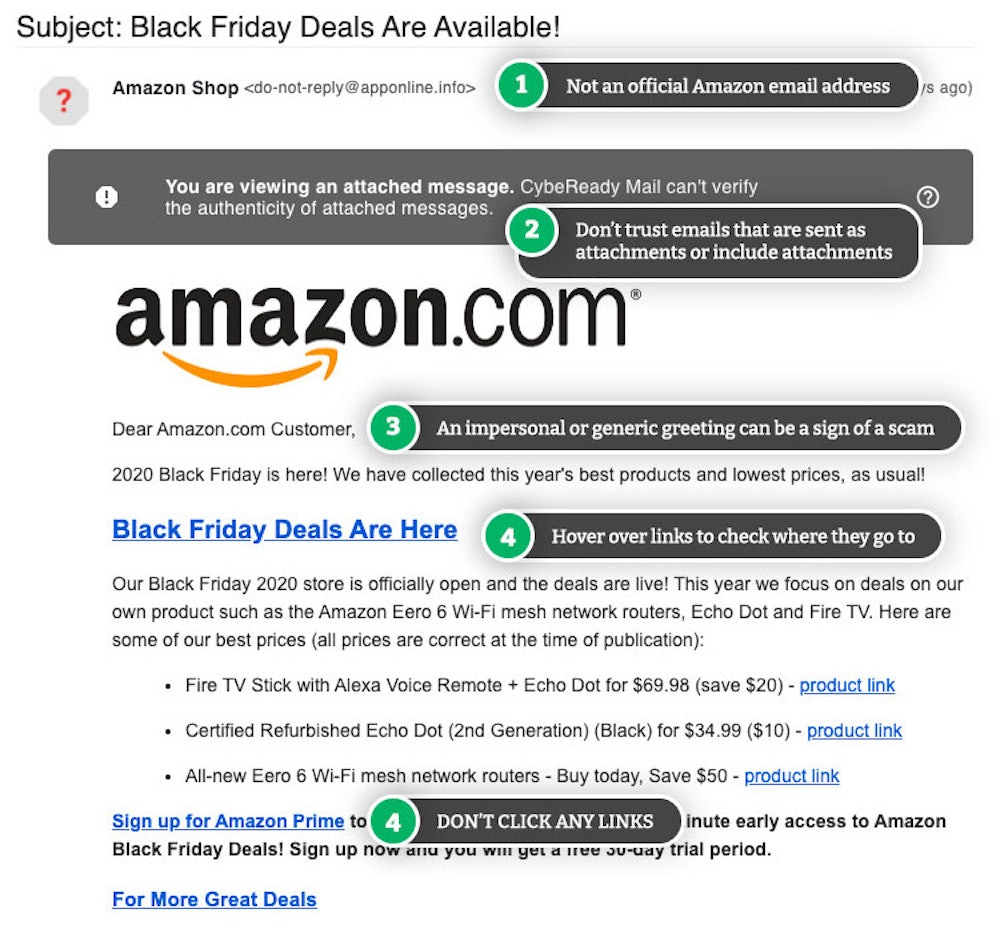 Example Amazon Black Friday email and red flags.