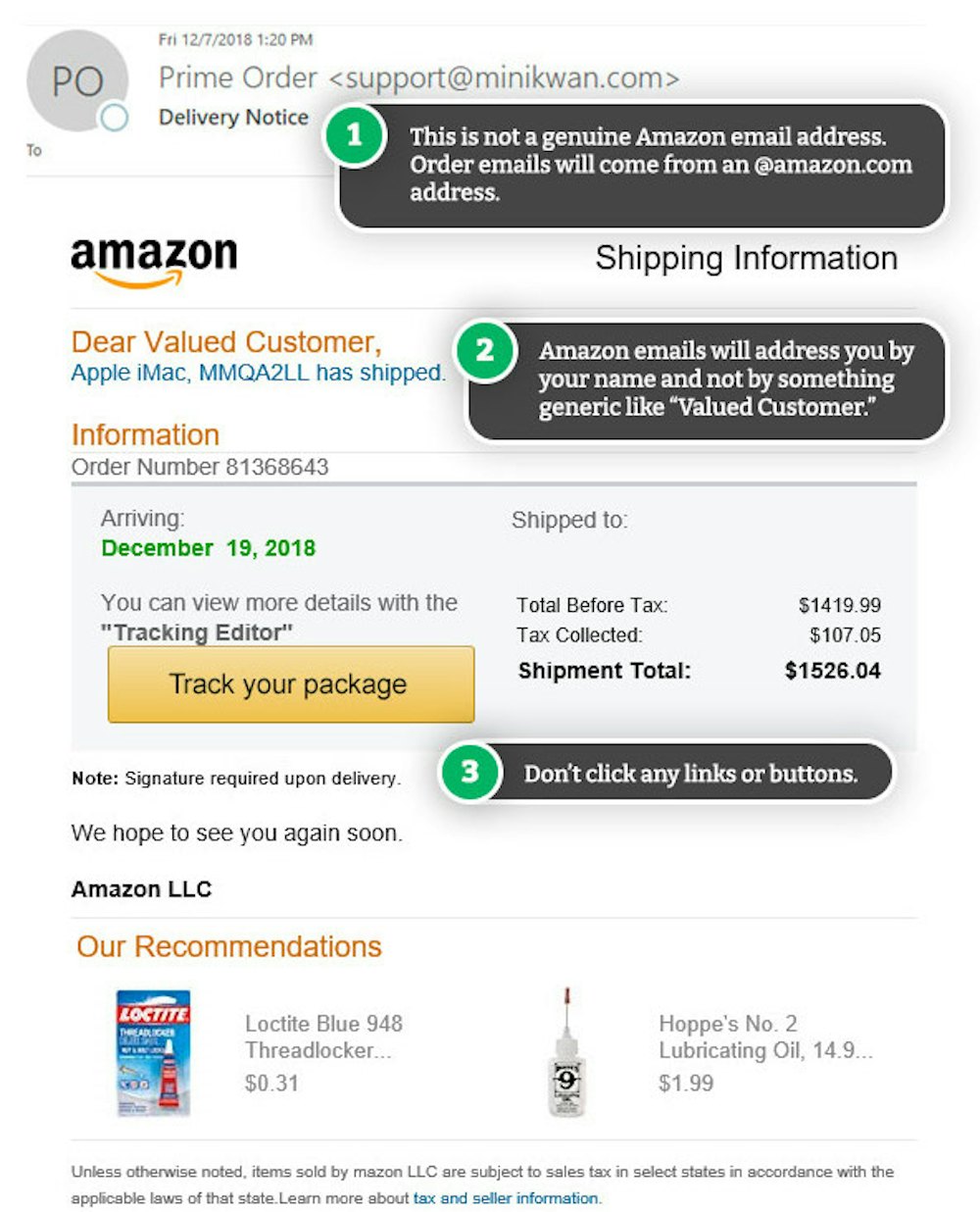 Example of fake Amazon order email.