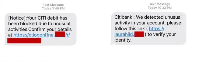 Additional examples of Citibank text message scams