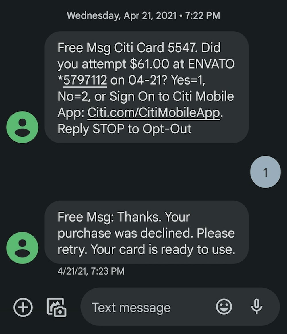 Genuine Citibank text message fraud alert. 