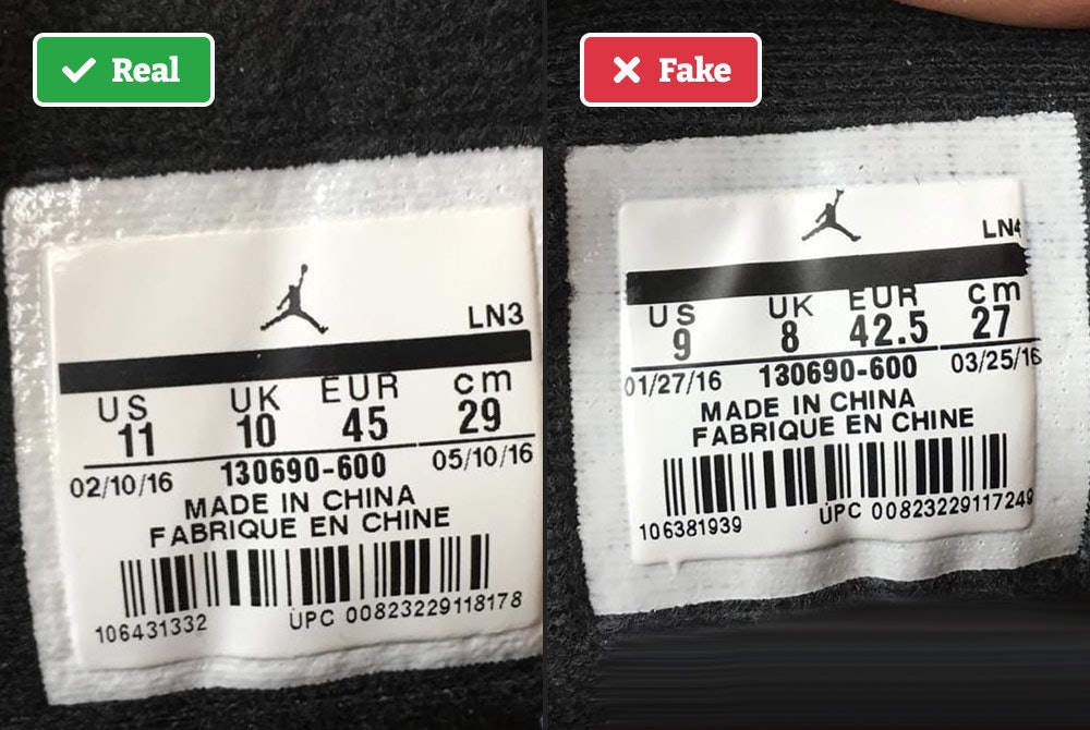 Real vs fake Jordans size tag