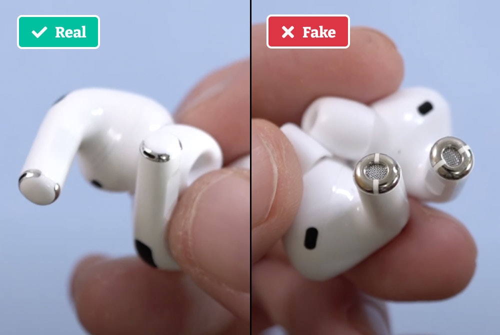 Real vs. fake AirPods Pro buds. 