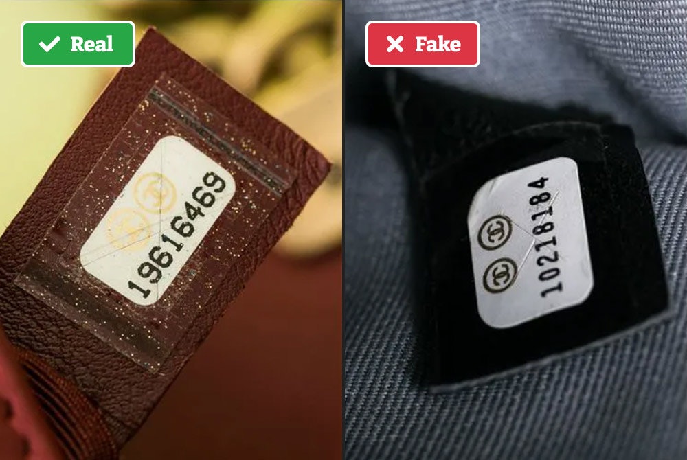 Real vs fake serial tag on Chanel bag