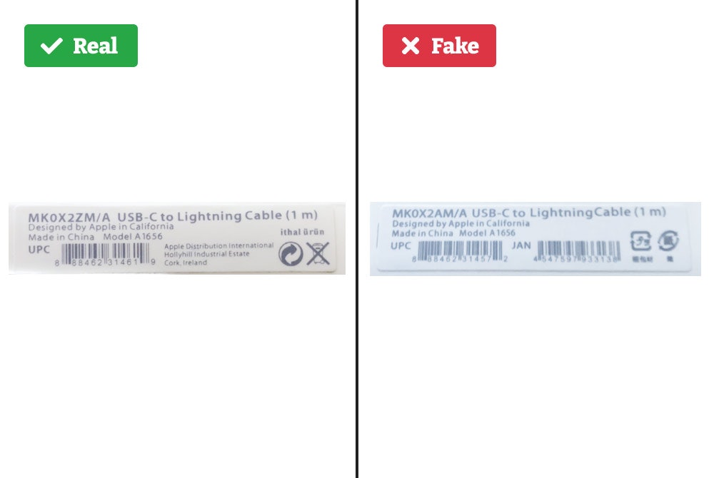 Real vs. fake iPhone charger sticker