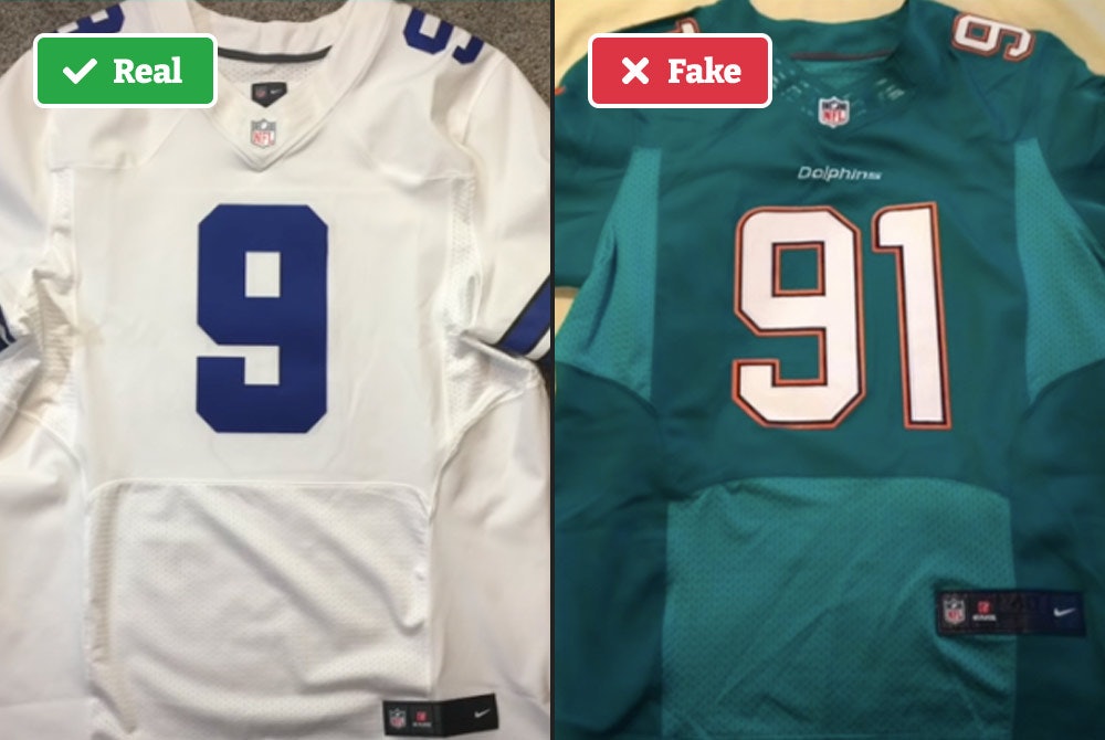 Real vs fake NFL jersey color panels