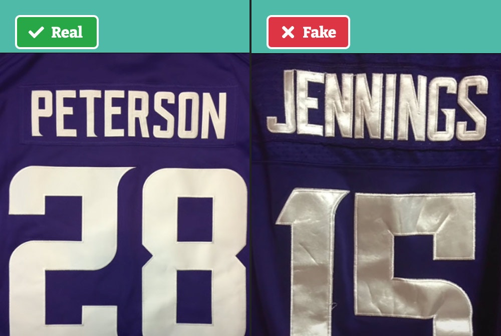 Real vs fake NFL jersey lettering