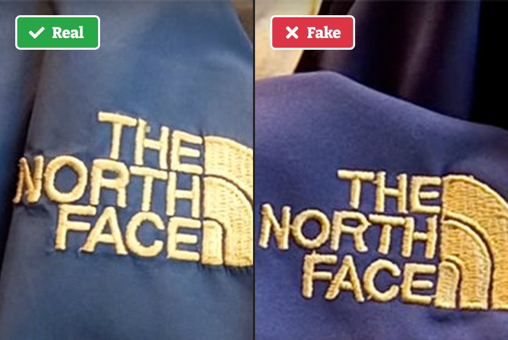 Real vs fake North Face jacket embroidery