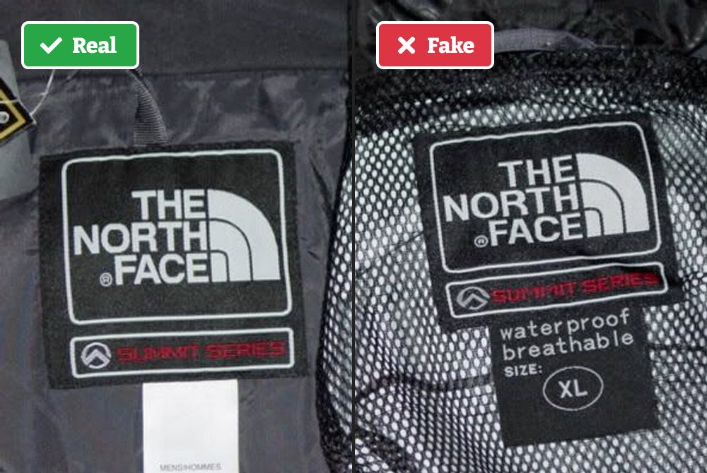 Real vs. fake North Face jacket tag.