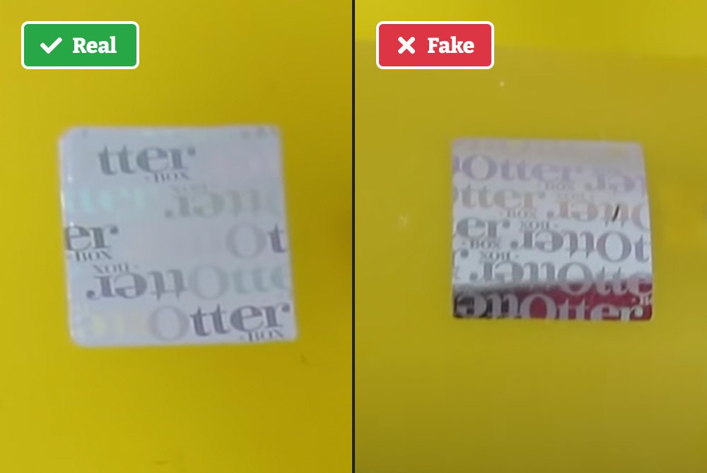 Real vs. fake Otterbox hologram sticker.