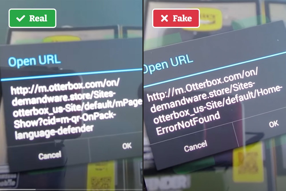 Real vs. fake Otterbox QR code