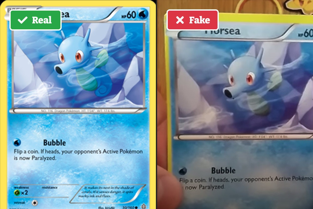 Real vs fake Pokémon card (border)