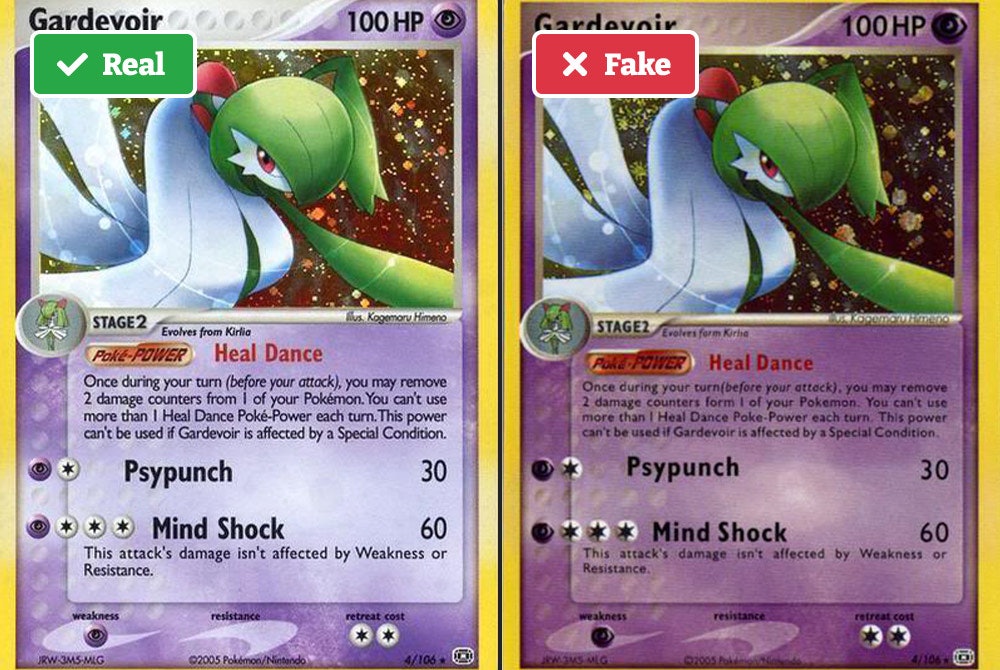 Real vs fake Pokémon card (blurry)