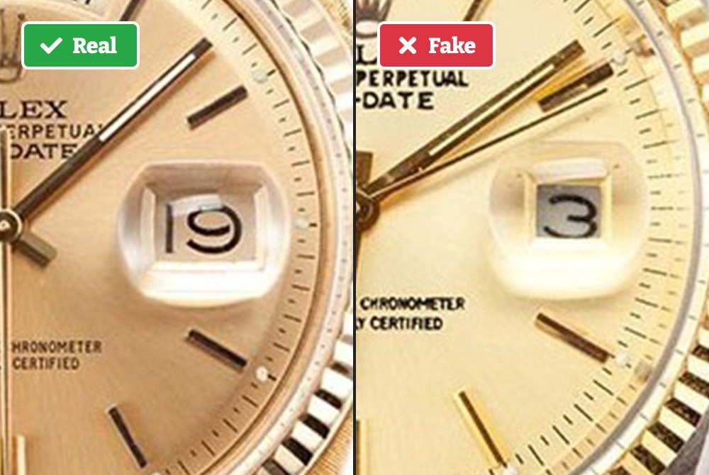 Real vs fake Rolex date magnification