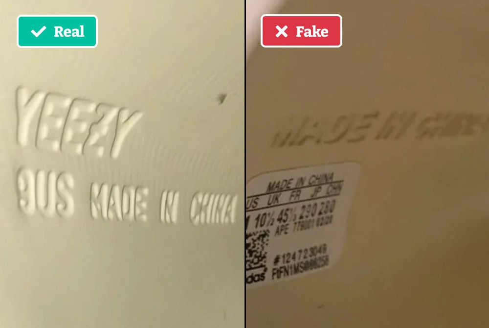 Real vs fake Yeezy slides inside strap