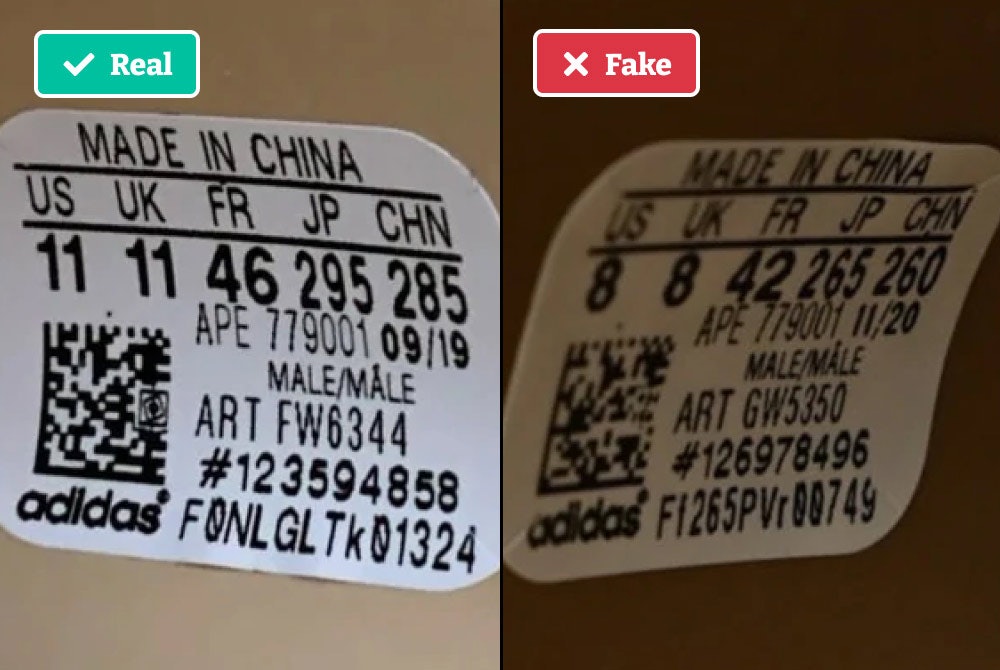 Real vs fake Yeezy slides size label.