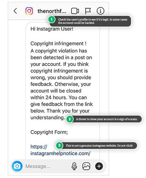 Example Instagram scam message.
