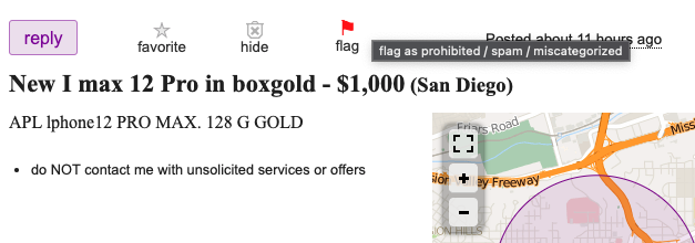 Flag Craigslist scams by clicking the flag item on the post