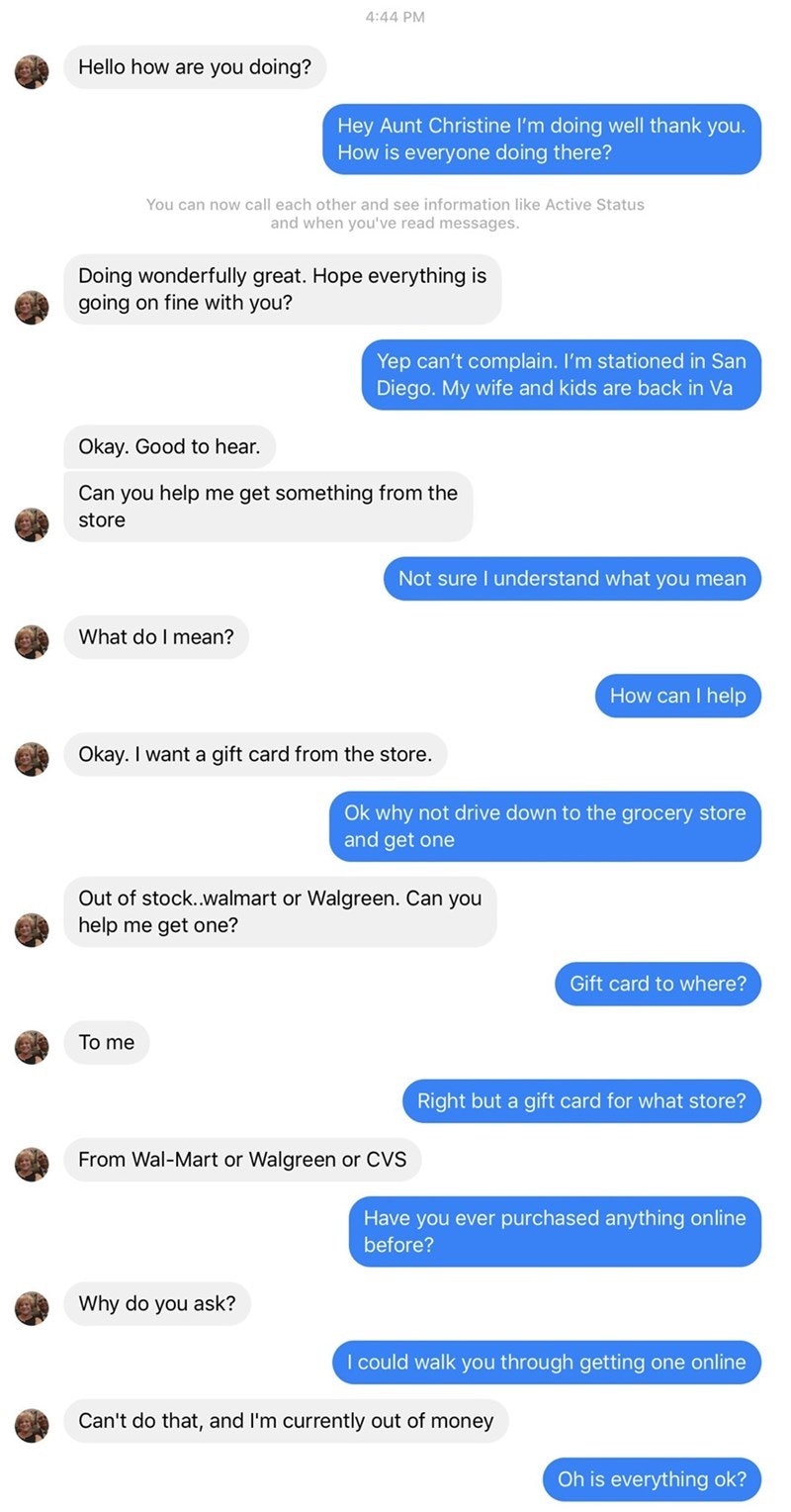 Example of gift card scam