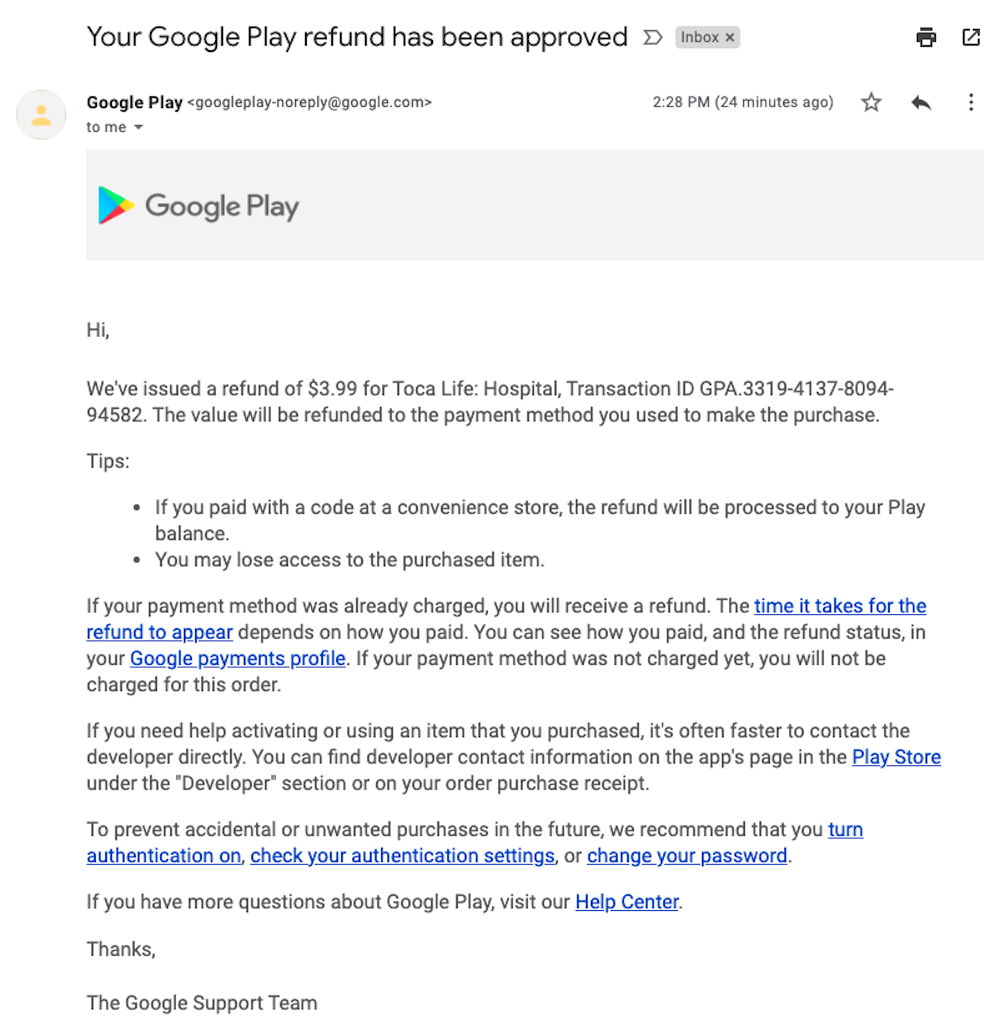 Google Play Store refund email.