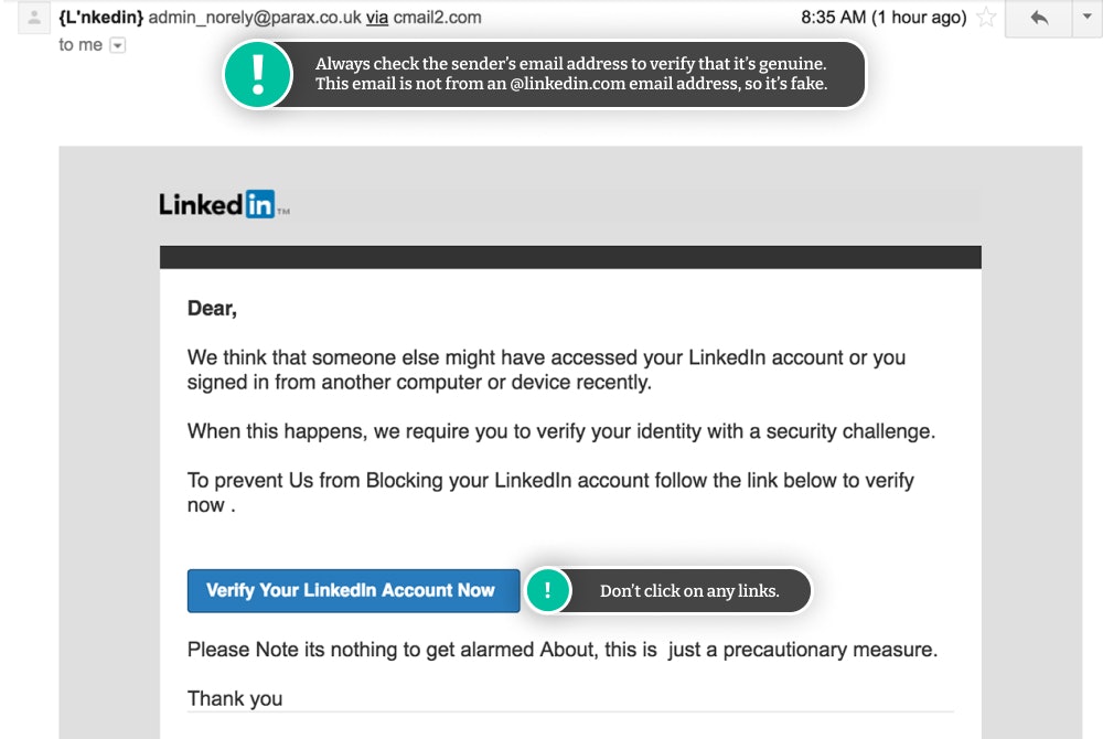 Example of a fake LinkedIn email (LinkedIn scams)