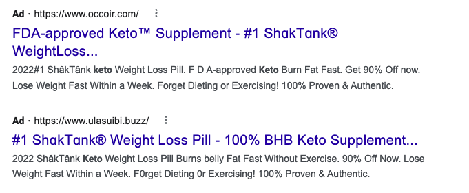 Google Ads with fake claims that One Shot Keto pills were backed on Shark Tank