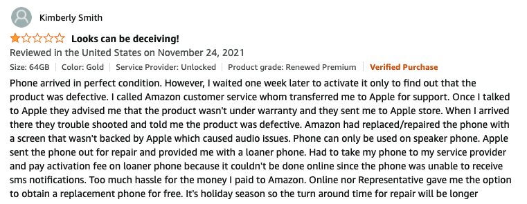 Negative refurbished iPhone review on Amazon.