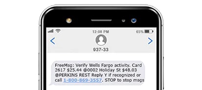 Example of a real Wells Fargo fraud alert text message. 