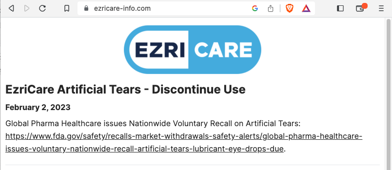 Artificial Tears website from EzriCare shows 'discontinue use' warning