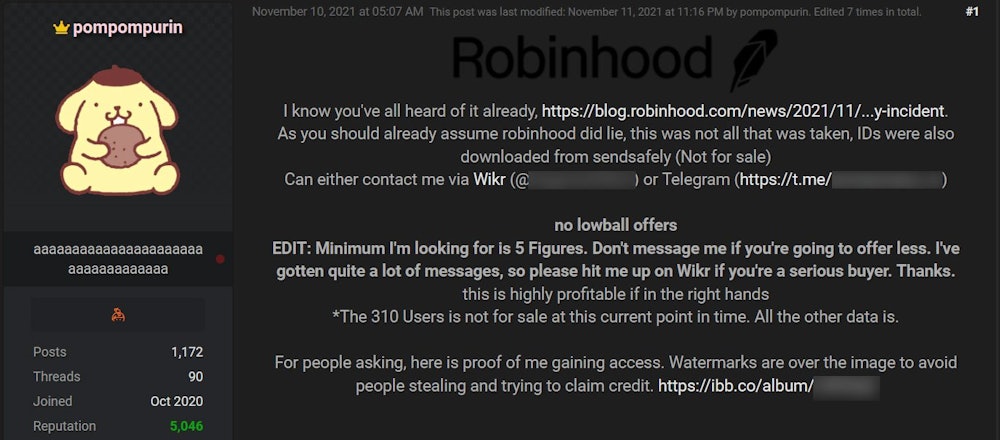 hacker forum post for robinhood