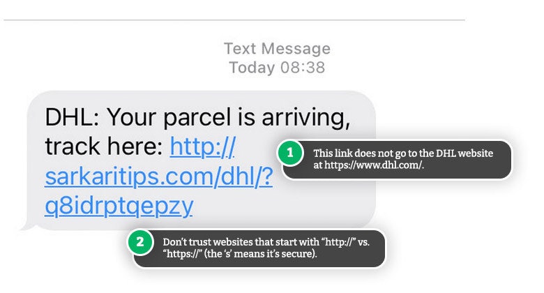 Example fake DHL text message. 