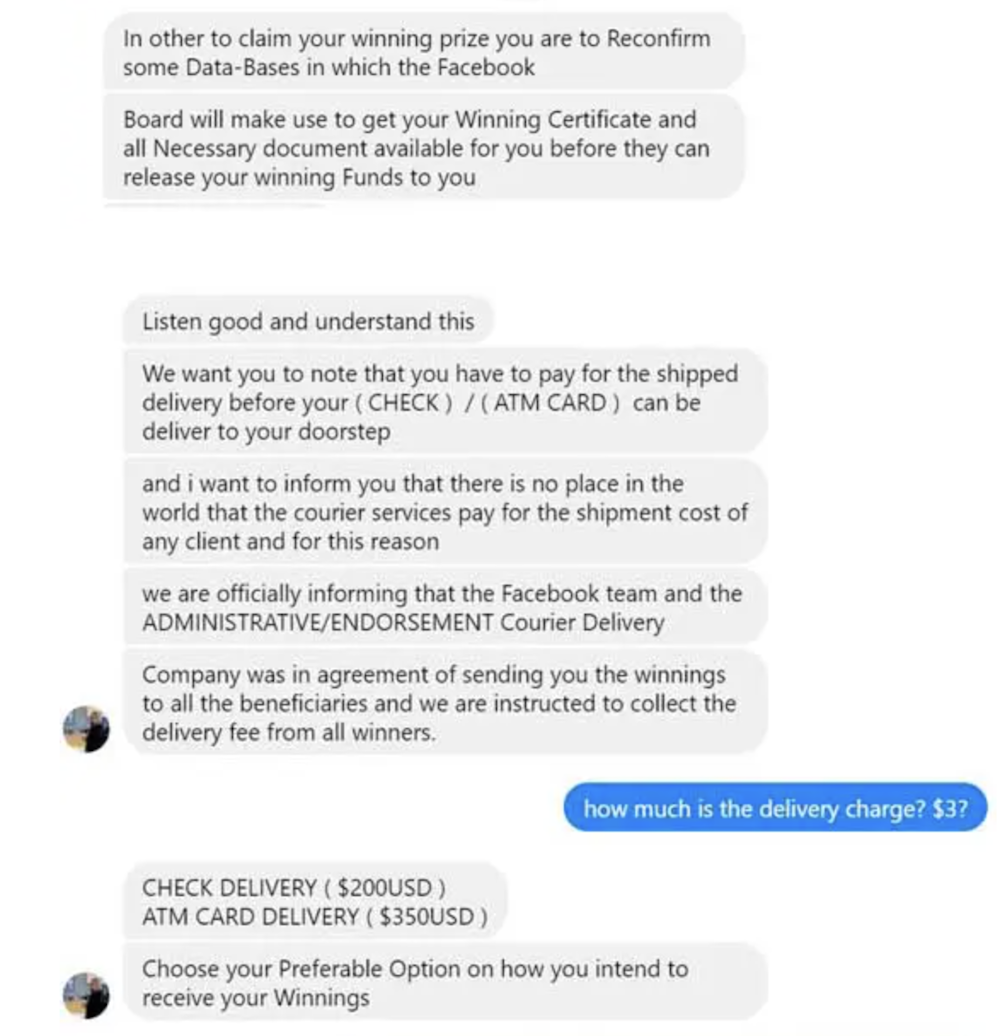 Facebook scams related to winnings.