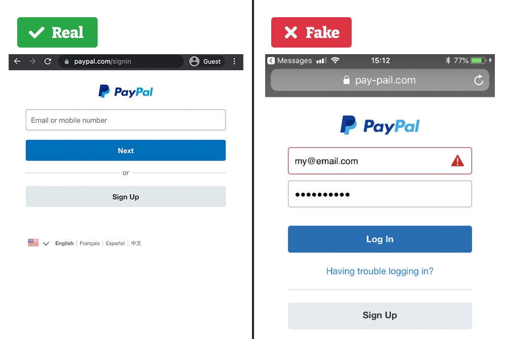 Real vs fake PayPal website.