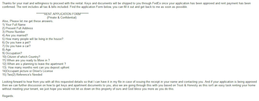 Example of Craigslist rental scam.