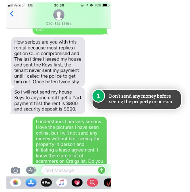 Text messages from a Craigslist rental scammer