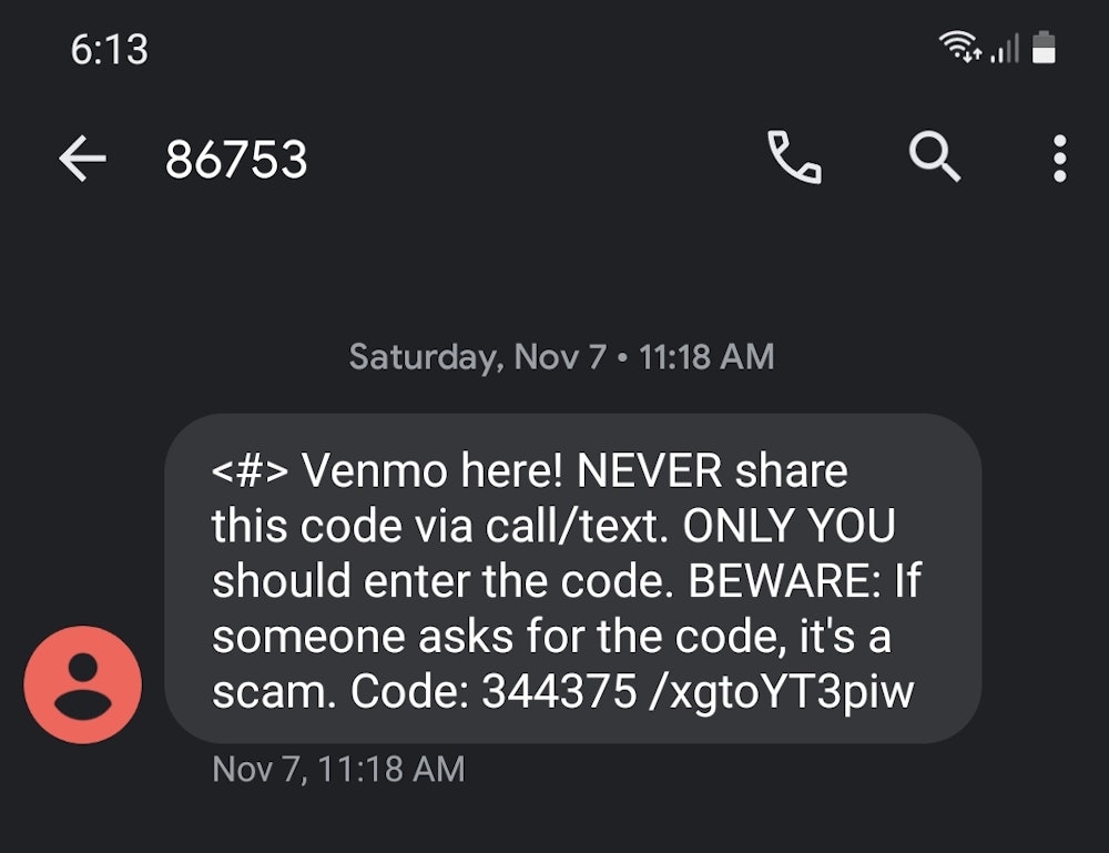 Venmo two-factor authentication code message