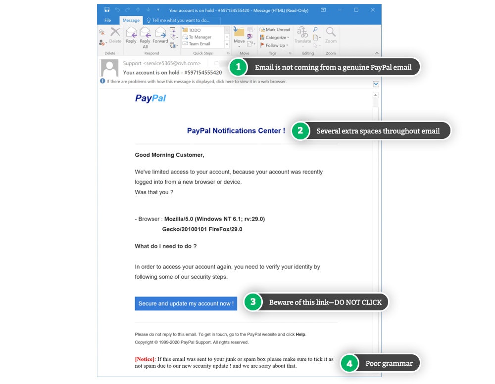 Example of PayPal phishing email
