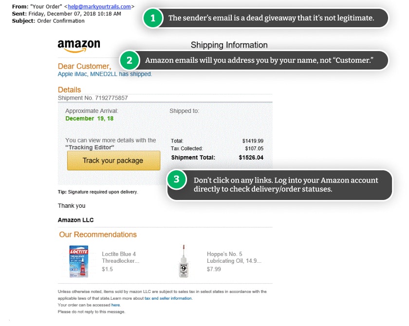 Example of a fake Amazon order email