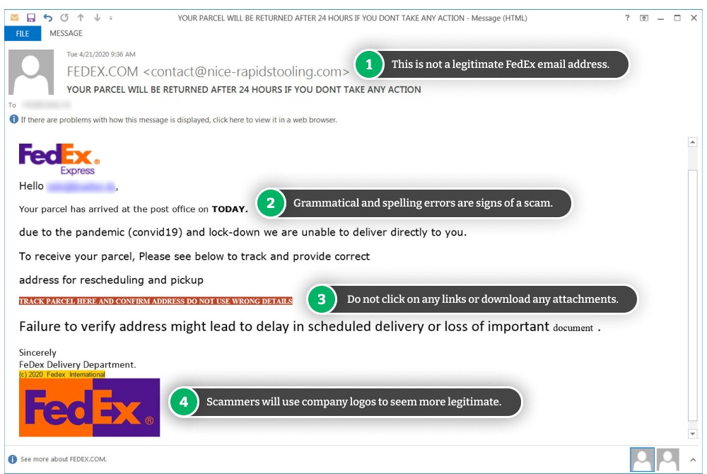 Example of a scam FedEx email