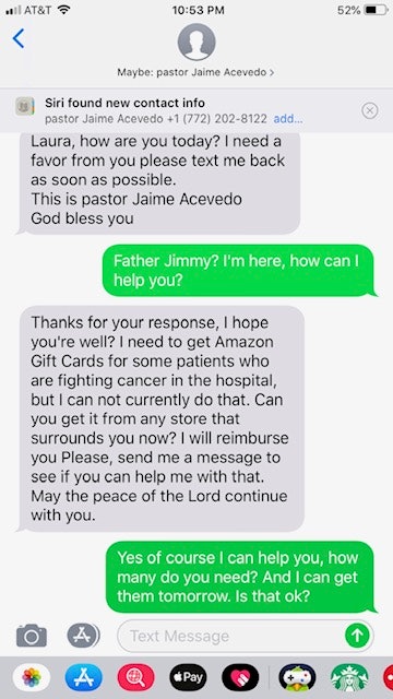 Example of an Amazon gift card scam text.