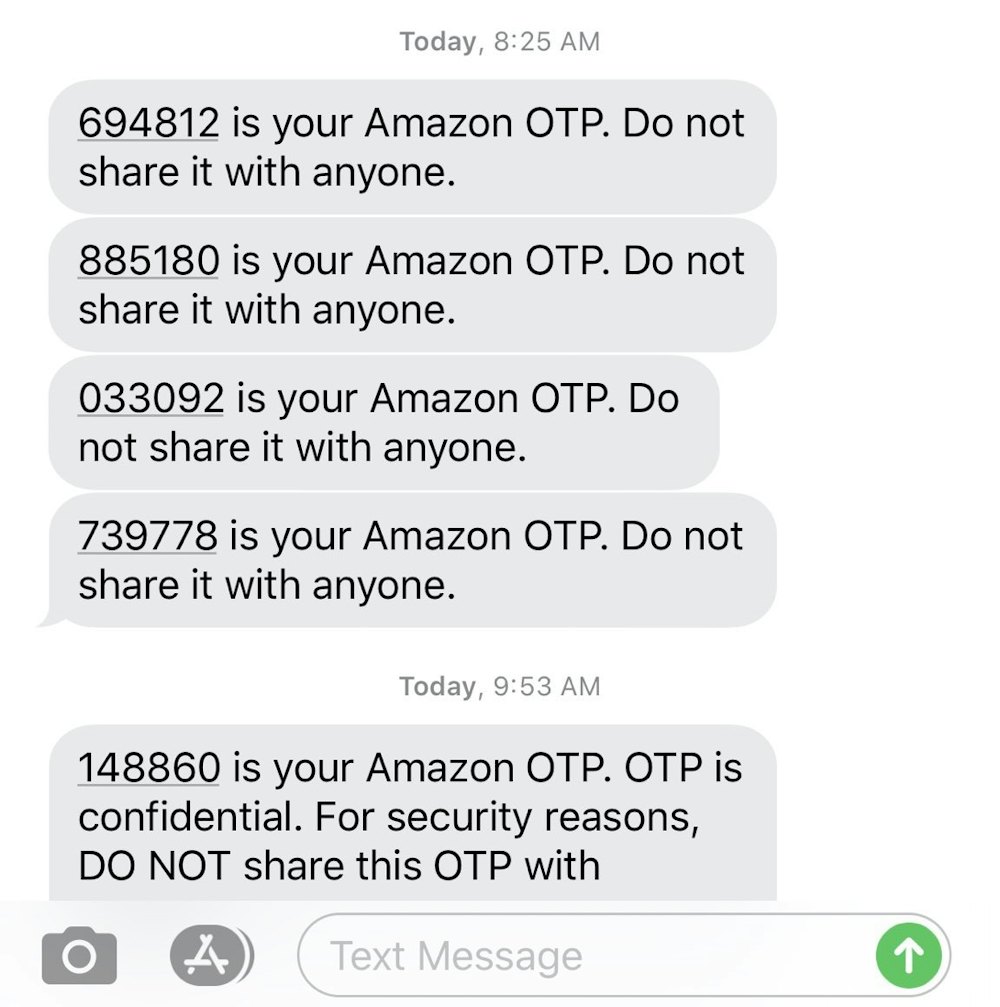 Example of an Amazon OTP text. 