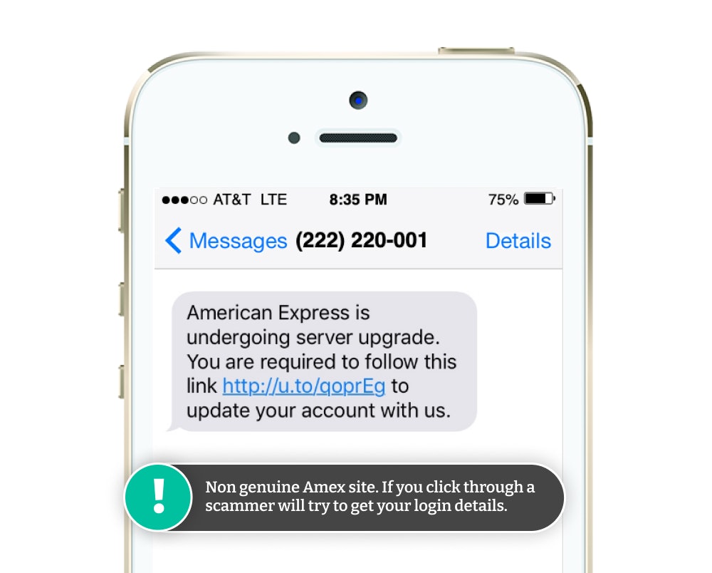 Fake Amex fraud text alert: American Express is undergoing server upgrade. You are required to follow this link to update your account with us.