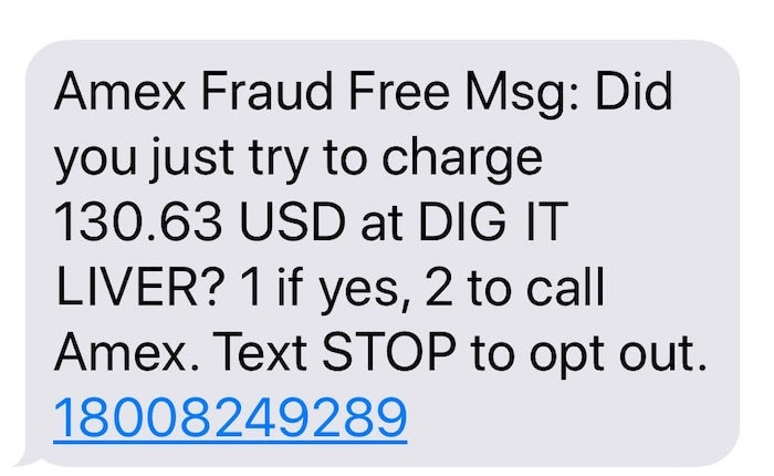 Real Amex fraud alert text message.