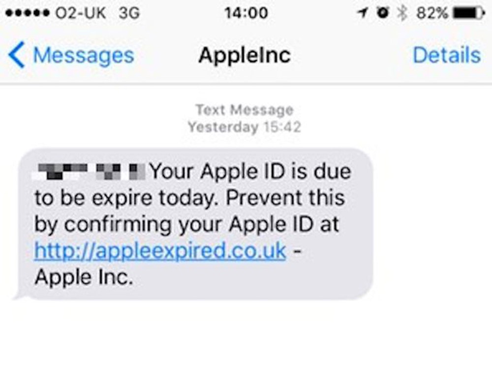 Example of fake Apple text message. 