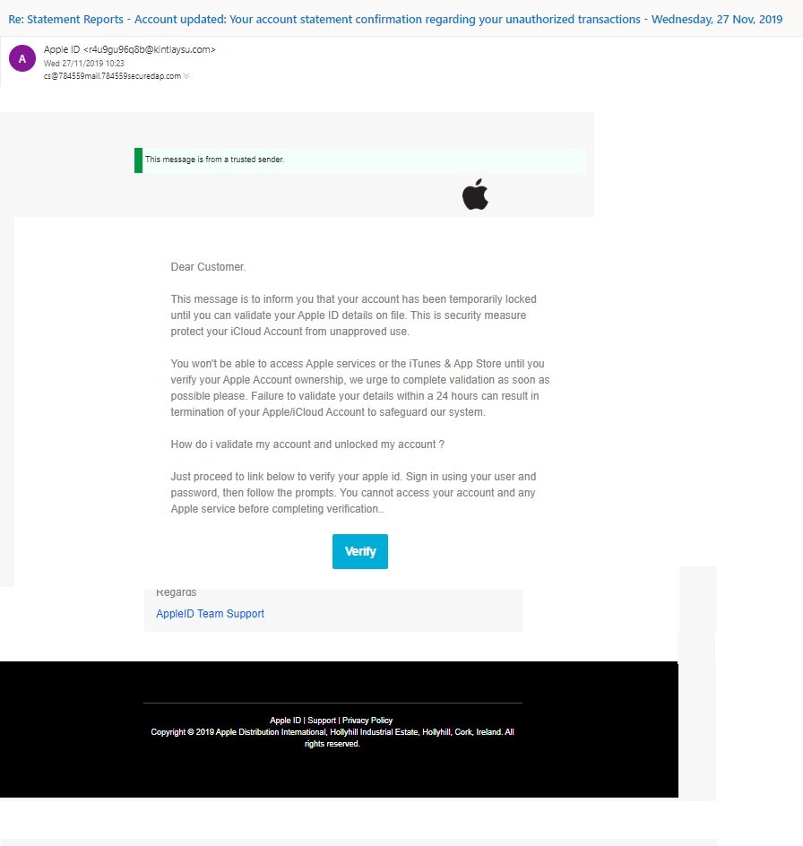 Example of Apple phishing email 