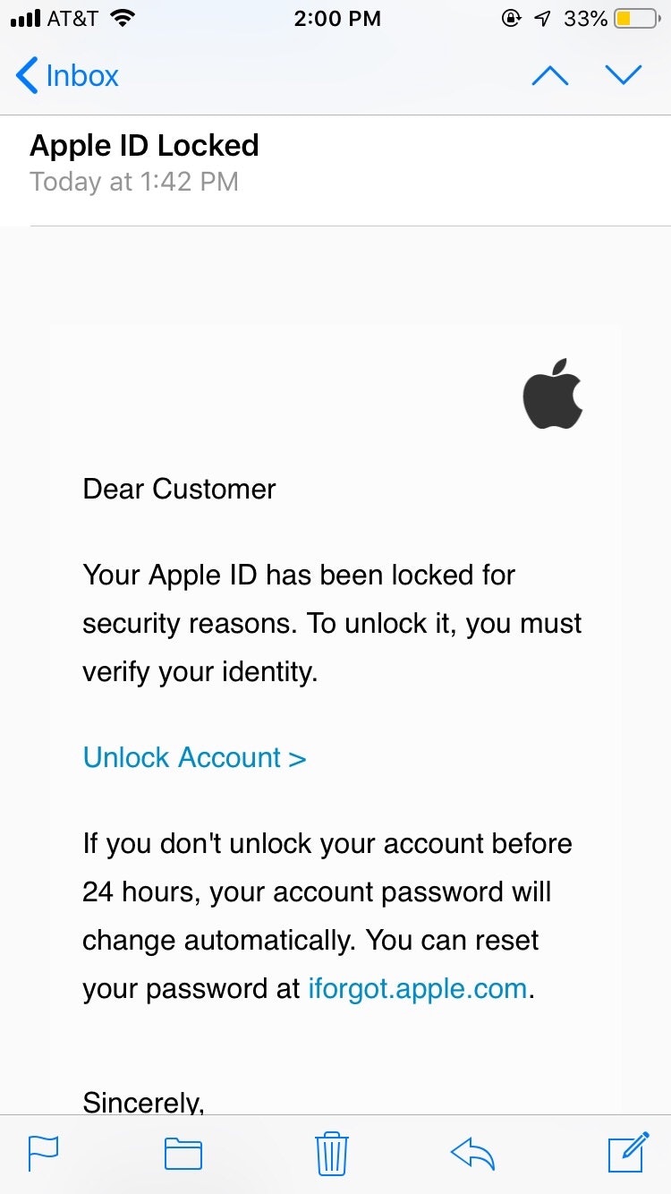 Example of Apple phishing email