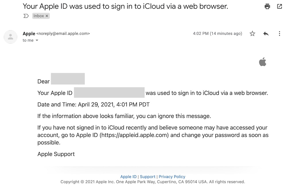 Example of Apple email notification