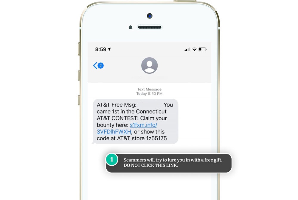 Example of a fake AT&T text with a giveaway. AT&T spam text.